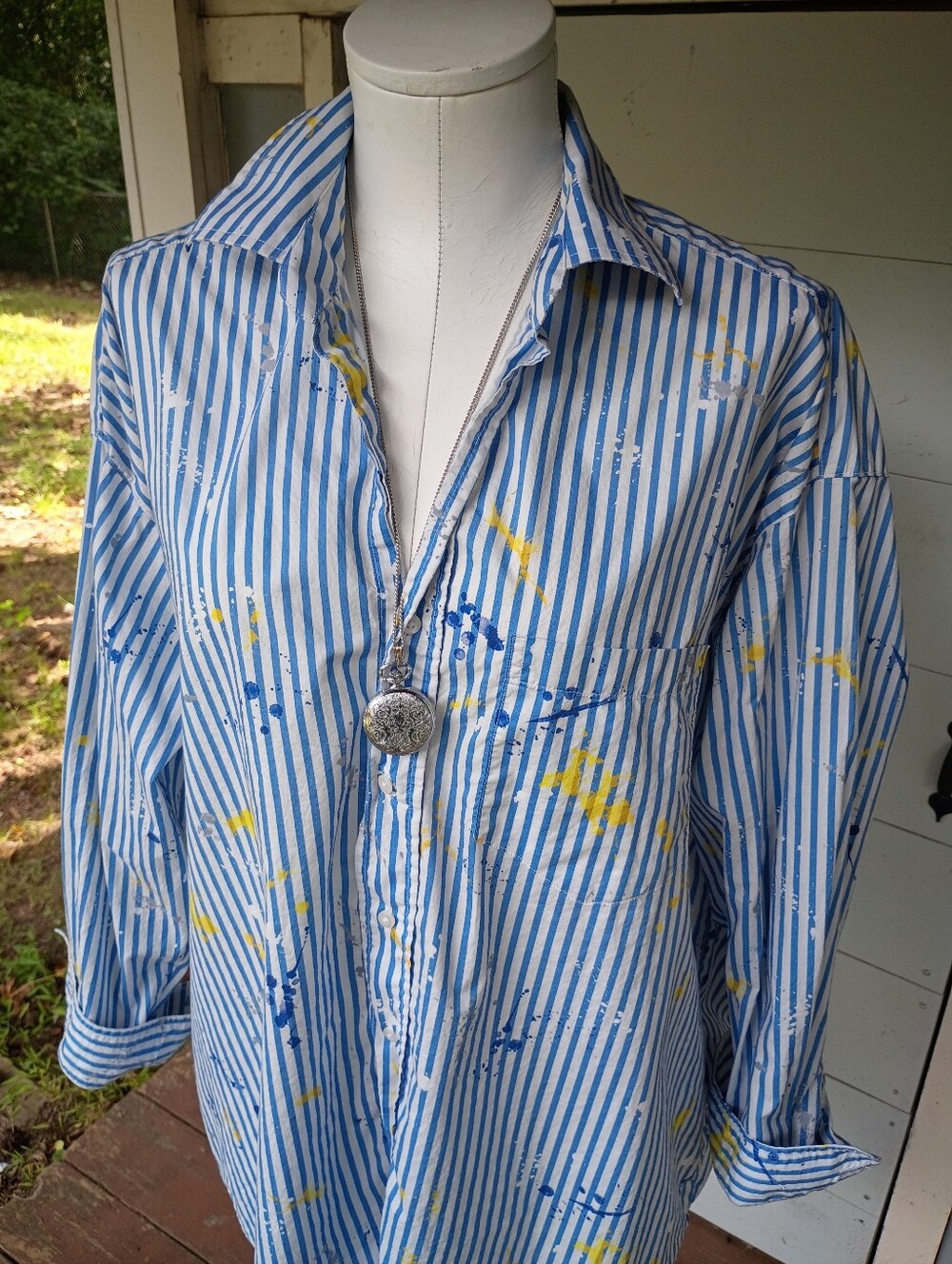 FRANK & EILEEN ONE SZ JOEDY PAINT SPLATTER BLUE STRIPE RELAXED  COLLARED SHIRT